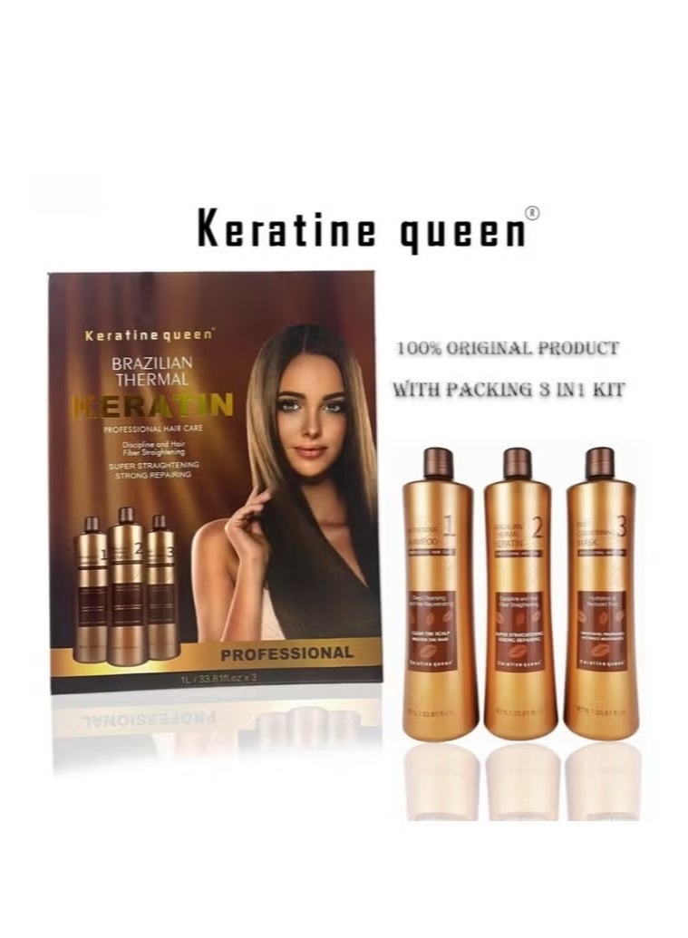 Keratine Queen Brazilian Thermal Keratin Treatment 3-in-1 Kit – Professional Hair Straightening, Frizz Control & Deep Repair System - Image 1